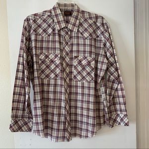 Vtg 80s Wrangler Mens XL Western Shirt Pearl Snap Plaid Blue Cream Long Sleeve